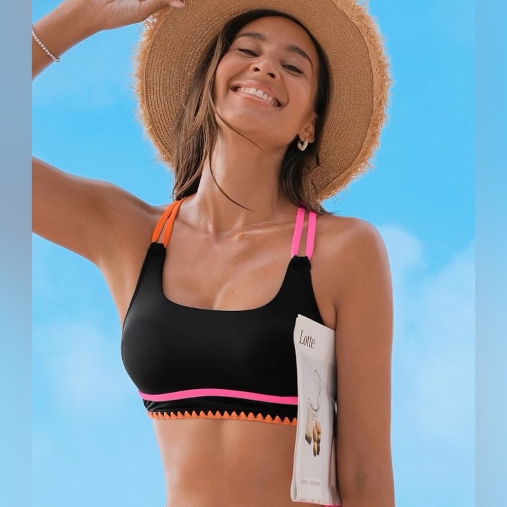 Cupshe Black Bikini Top with Pink and Orange Accents